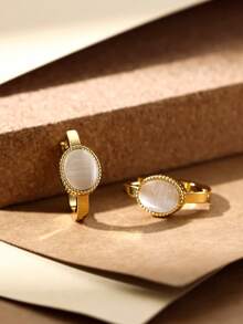 Elegant Oval White Gem Gold Earrings Dainty Pearlescent Hoops Face Framing Minimalist Studs For Women - Gold Oval White - View 7