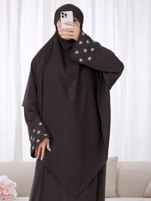2pcs Set: Khimar Hijab Prayer Headscarf + Abaya With Embroidered Cuffs, Loose & Comfortable Muslim Clothing For Women, Suitable For Daily Wear And Prayer, All Season - 彩色 - 查看 9