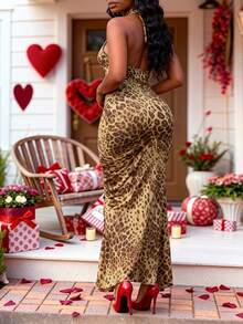 女士豹纹吊带长裙，派对外出优雅性感别致褶皱连衣裙，情人节装扮 - 卡其色 - 查看 6