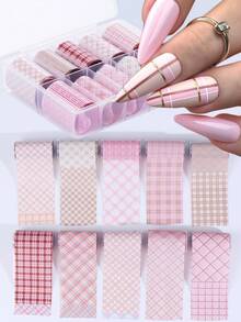 10 Rolls/Box Plaid Nail Foil Transfer Stickers Decals Pink Checkered Nail Art Sticker Self-Adhesive For Acrylic Nails Print Plaid Nail Art Sticker, Nail Art Design Tool, DIY Nail Art Stickers Decals Decoration Acrylic Nails Supplies For Home And Nail Salon