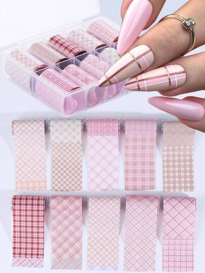 10 Rolls/Box Plaid Nail Foil Transfer Stickers Decals Pink Checkered Nail Art Sticker Self-Adhesive For Acrylic Nails Print Plaid Nail Art Sticker, Nail Art Design Tool, DIY Nail Art Stickers Decals Decoration Acrylic Nails Supplies For Home And Nail Salon