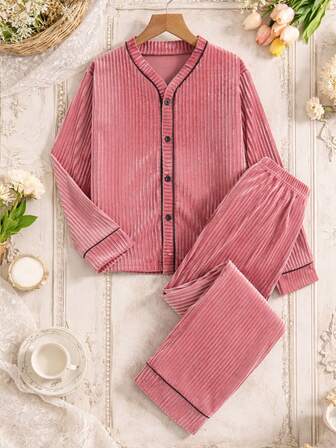 2 st/set elegant, avslappnad, varm, långärmad pyjamas för flickor i sammet, bekvämt tyg, unik kragedesign, lämplig för vinterpyjamasfester och mysiga kvällar, perfekt presentset för flickor