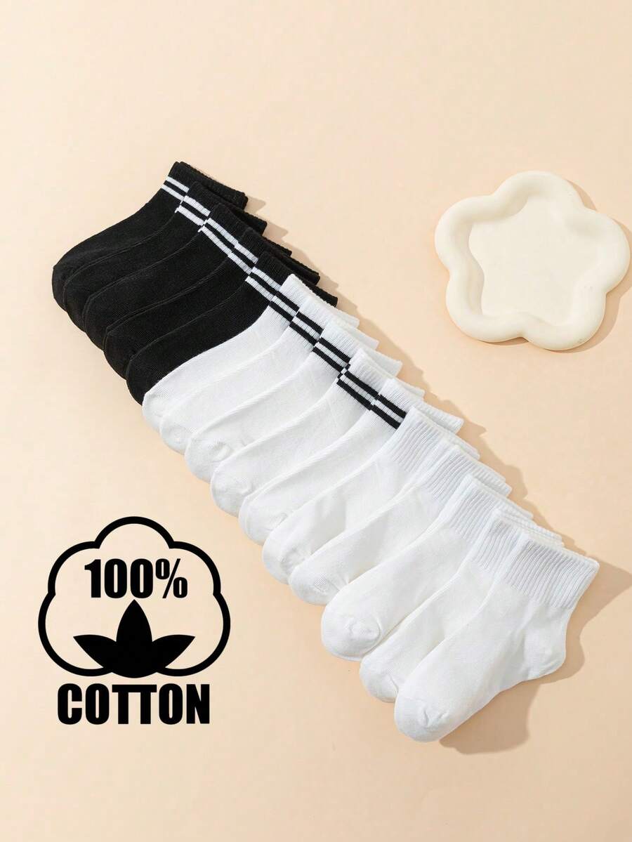 15 Pairs Cotton Children's Striped Mid-Calf Socks, Sporty Casual School Style, Black & White, All Season - Black and White - View 1