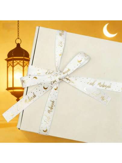 1/2 Pieces (200cm) Golden Ribbon With Moon And Star Pattern, Eid Decoration Ribbon With White Base And Moon And Star Pattern Printed In Gold, With The Words "Eid Mubarak" Printed On It, Suitable For Eid Gift Packaging Decoration, Festive Scene Arrangement, Celebration Decoration Embellishment And Other Eid Related Decoration Occasions, Ramadan Party Gift Ribbon.