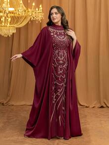 UNITHORSE Women's [Random Cut] Stand Collar Batwing Sleeve Long Luxury High-End Elegant Sequin Lace Patchwork Matte Satin Women Sleepwear Dress - Burgundy - View 4