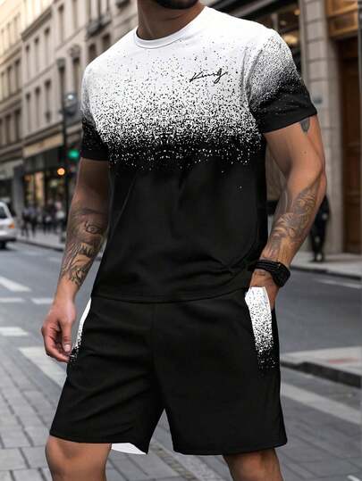 Men's Ombre Print Short Sleeve T-Shirt And Shorts 2 Pieces Set