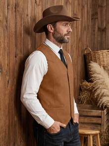 Men's Western Cowboy Suede Leather Vest Slim Fit Retro 5-Button Waistcoat Set For Prom Daily Casual Wear & Husband Gift - màu nâu - Xem 3