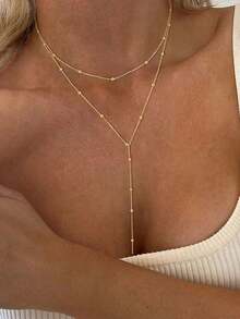1pc Long Y-Shaped Chain Necklace With Round Pendant, Suitable For Parties, Outfits, And Daily Wear - Gold - View 3