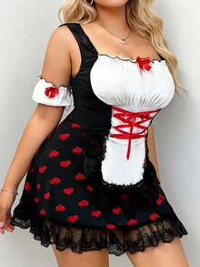 2Pcs Women's Maid Cosplay Set Sleeveless Square Neck Heart Print Thong And Sleeves Naughty Set - Black - View 3
