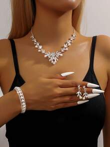 4 件几何仿珍珠多层项链、手链和耳环套装，优雅奢华女士珠宝套装 - 彩色 - 查看 14