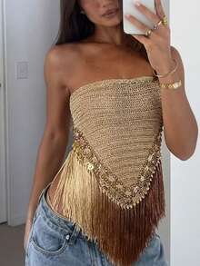 Women's Bright Yellow Fringed Irregular Strapless Party Top, Women's Slim-Fit Nightclub Party Top - Vàng - Xem 4
