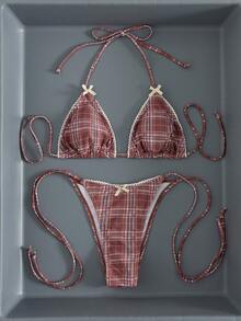 Bộ bikini nữ 2 món họa tiết kẻ caro cổ điển - viền ngọc trai giả và nơ trang trí, áo tam giác, quần buộc dây bên hông, trang phục gợi cảm cho kỳ nghỉ hè trên bãi biển. - Nhiều màu - Xem 7