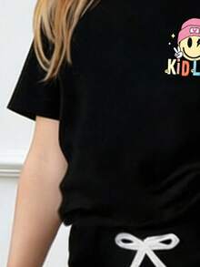 Young Girl Cartoon Print Short Sleeve T-Shirt And Skinny Flared Pants - Black - View 3