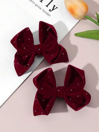 2 st. vinröda hårrosetter för kvinnor och flickor, vintage vinröda hårspännen i rosett med glittrande strass, eleganta mjuka hårspännen i fransk stil för vinterbröllopsfest och vardagskläder