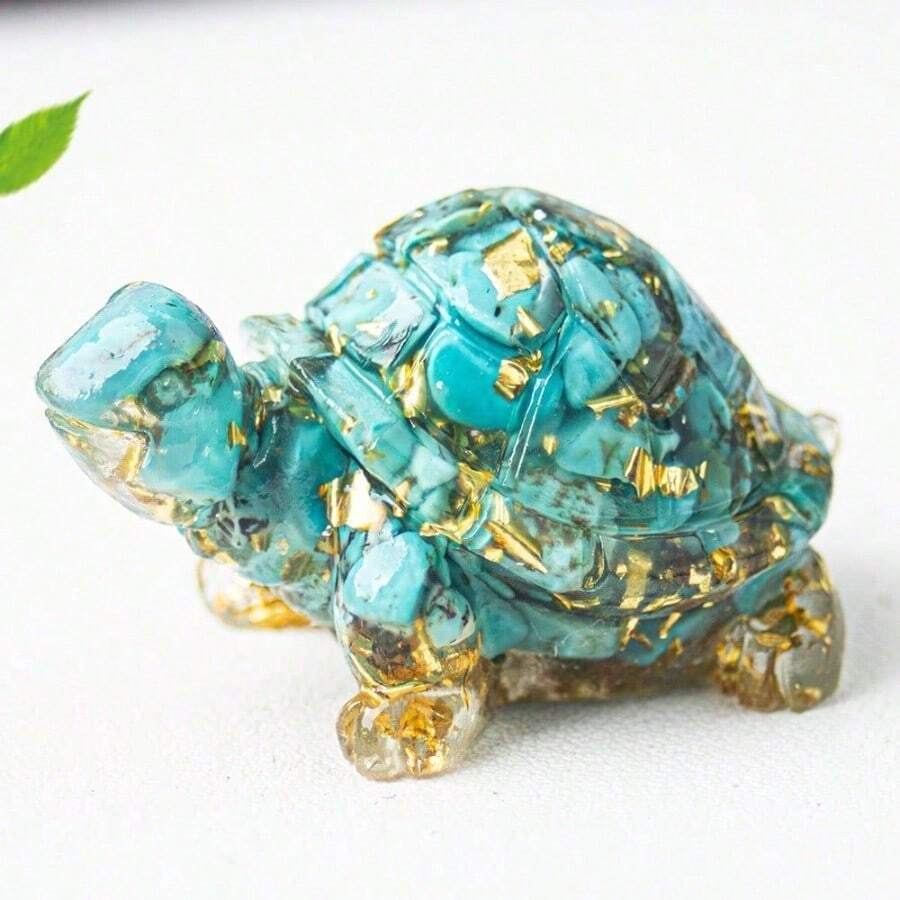 1pc Natural Crystal Chip Resin Mold Turtle Statue Healing Gemstone Golden Foil Orgone Tortoise Figurine Sculpture Pocket Stone For Home Office Feng Shui Decoration Collectible Ornament Best Gifts Birthday Graduation - Multicolor - View 1