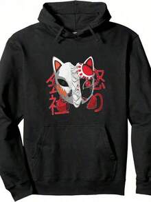 SPIRIT HOODIE Unisex Anime Graphic Sweatshirt With Japanese Characters And Dual Faces Design, Soft Cozy Pullover Casual Wear - Black - View 1
