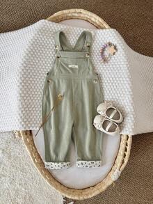 Toddler Baby Girls' Casual Minimalist Green Ditsy Floral Overalls, Spring/Autumn - Green - View 4