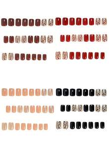96 unhas postiças acrílicas curtas e quadradas, clássicas e versáteis, com glitter dourado brilhante, nas cores preto obsidiana, dourado elegante, marrom e estampa de leopardo vermelha. Cobertura total, 12 tamanhos disponíveis. Ideais para uso diário no outono/inverno, perfeitas para manicures de salão e como presente. - Multicolorido - Ver 3