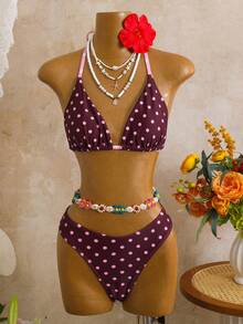 Bộ bikini 3 món gợi cảm và ngọt ngào chấm bi tím đậm - Áo hai dây tam giác + Chân váy voan xẻ cao | Dây buộc có thể điều chỉnh & trang trí kim loại, hoàn hảo cho tiệc bãi biển và hồ bơi mùa hè. - Rỉ Nâu - Xem 9