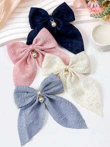 6pcs Solid Color Textured Bow Barrettes With Pearl Pendant, Large Basic Hairclips For Cute Girls & Princess, Suitable For Daily Wear And Party - Multicolor - View 7