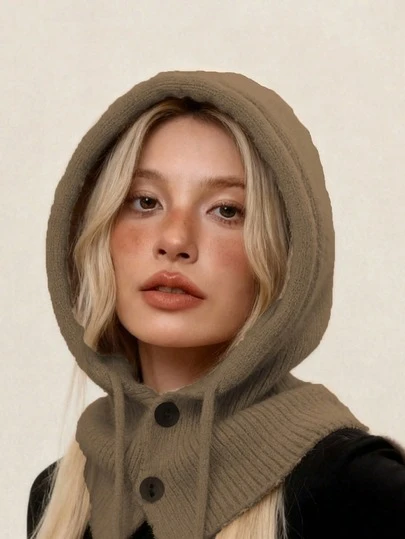 Women's Winter Warm Hat & Scarf Set, Balaclava Knit Hat, Fashionable Hooded Scarf, Suitable For Daily Wear, Keeps Warm And Protects Ears, Ideal For Outdoor Sports, Skiing And Cycling