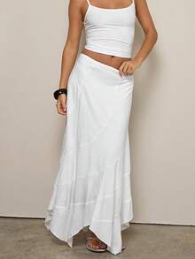 Women's  Stretchy High Waist Ruffle Asymmetrical Hem Flowy Midi Skirt - trắng - Xem 2