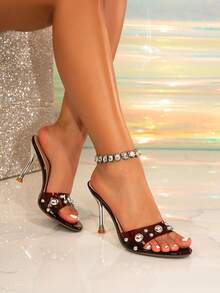 Spring/Summer New Elegant Fashion Outdoor Party Peep Toe & Backless Shiny Metallic Coffee Brown Round Toe Jelly Gel Silver Buckle Slip-On Thin Women High Heel Sandals - Coffee Brown - View 2