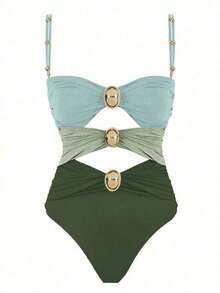 Polovedo Official Women's Colorblock Hollow-Out One-Piece Swimsuit FBTV - 綠色 - 查看 2