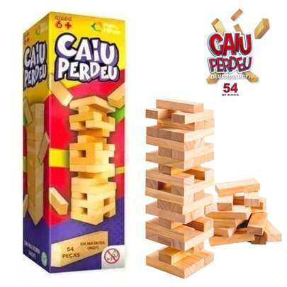 Jogo Caiu Perdeu Torre de Madeira 54 Peças Desenvolve Coordenação Motora Brinquedo Uno