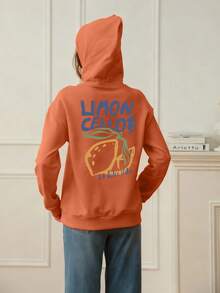 Women's Casual Graphic Print Loose Fit Thermal Lined Sweatshirt, Long Sleeve, Winter - Orange - View 2