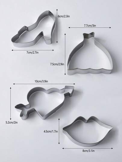 Bộ 4 khuôn cắt bánh quy hình trái tim bằng thép không gỉ dành cho Ngày Valentine - 4 khuôn cắt bánh quy Ngày Valentine - Hình trái tim, môi, trái tim có mũi tên, hình đôi trái tim và giày cao gót, chiều cao 1.7cm, Ngày Valentine