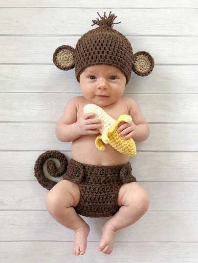Set de 3 piezas de ropa para sesión fotográfica de recién nacido, gorro de mono, cubredor de pañal, disfraz de plátano, pantalones, gorro y pelele de punto a mano, accesorios de fotografía de juego de roles de animales