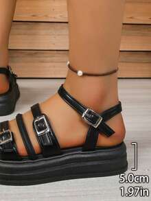 Giày sandal đế dày cho nữ, giày dự tiệc mùa hè đa năng, sandal La Mã hở mũi đế dày đính ngọc trai kiểu cổ tích. - màu đen - Xem 6