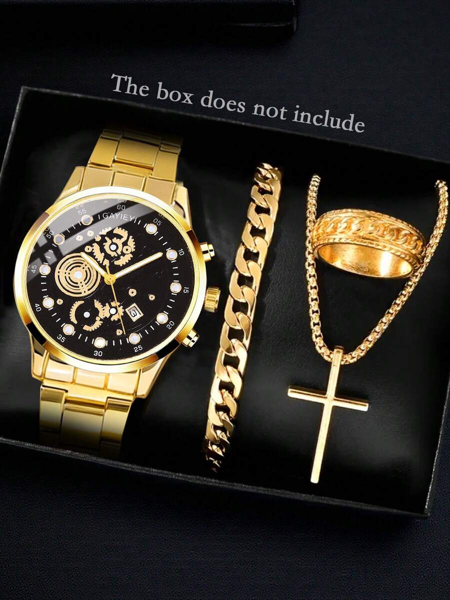 四件套：时尚商务休闲男士腕表，大表盘，不锈钢表带，石英机芯；搭配个性化链式手链、十字架吊坠项链和戒指。适合作为男士礼物，也适合节日、商务、聚会和日常佩戴。