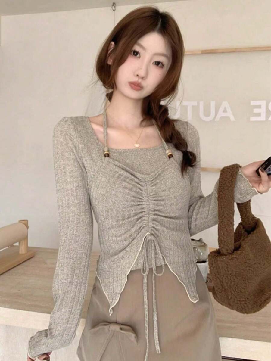 女士休闲方领插肩袖两用针织衫，新款上衣 - 卡其色 - 查看 1