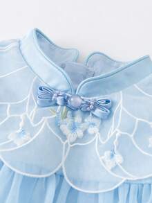 mini bala Infant Girls' Embroidered Mesh Dress, Chinese Style, Soft & Sweet, Spring 2026 Collection - Light Blue - View 8