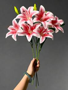 5pcs/3pcs/1pc (Pink&White) 26.97" Artificial Lily Flowers, Long Stem Artificial Stargazer Lilies With Full Bloom Lily & Tiger Bouquets For Home, Hotel, Wedding Decor, Bridal Backdrop, Bouquets, For Proposal, Valentine's Day, Halloween & Christmas, - Multicolor - View 7