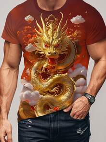 Men's Full-Body 3D Dragon Print T-Shirt - Chinese Dragon Design With Red, Golden & Suitable For Chinese Events, Casual Wear, Round Neck Short Sleeve Tee, Machine Washable Dragon T-Shirt, PLUS SIZE - 混合色 - 查看 2