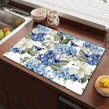 1 pieza Estera absorbente con estampado floral azul para cafetera, platos - Estera protectora absorbente de poliéster para encimera de cocina con respaldo de goma antideslizante, para decoración de cocina, bar en casa y mesa de comedor - Multicolor - Ver 5
