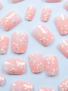 24片短方形白色花朵银色亚克力按压式美甲贴片，可爱铬合金凝胶美甲套装（包含：1瓶果冻凝胶和指甲锉），适合女性日常、约会、派对等场合。 - 彩色 - 查看 4