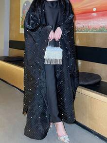 2pcs Dubai Island Embroidered Rhinestone Beaded Maxi Cardigan Abaya Set For Women