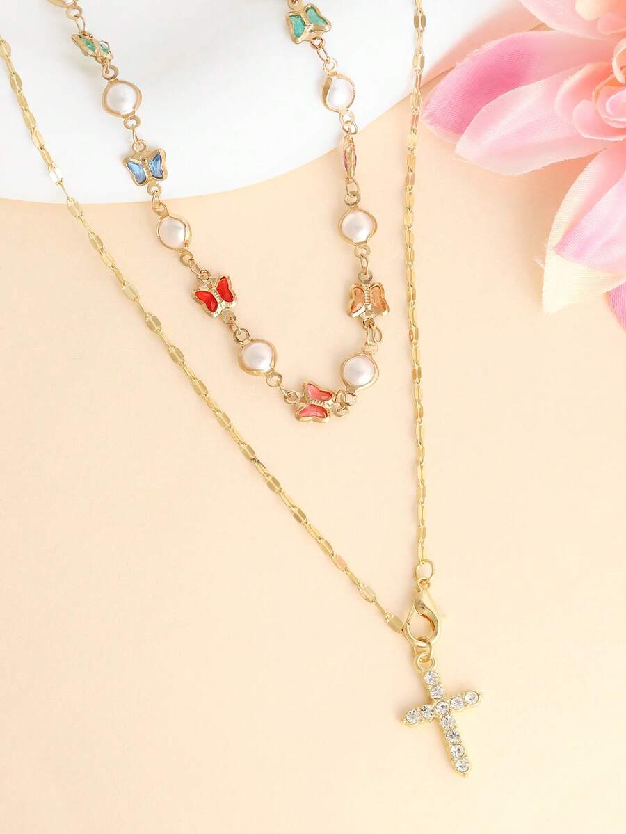 1pc Elegant Fashion Layered Butterfly Chain Cross Pendant Necklace For Women - Multicolor - View 1