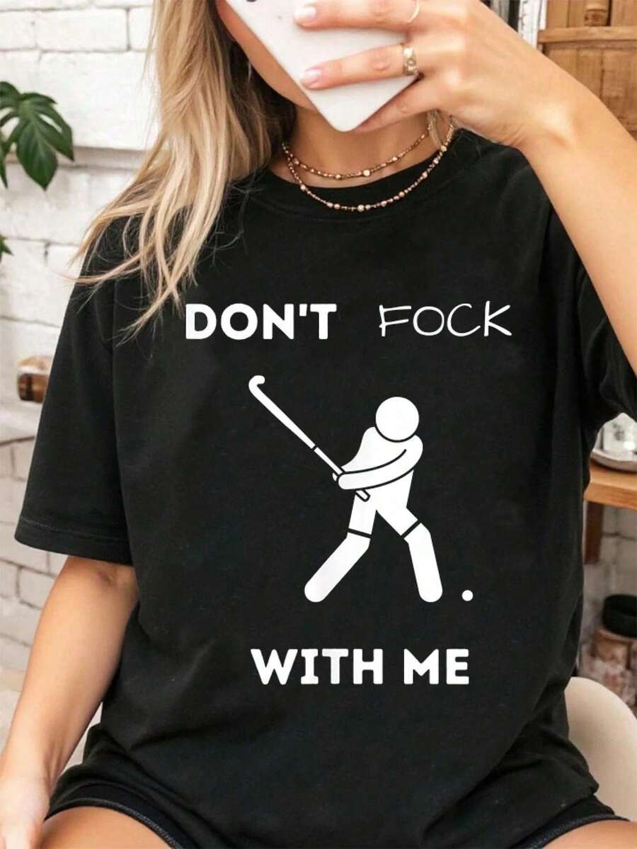 100% Cotton Funny Field Hockey Don't Fock With Me Humor Sports T-Shirt Summer Tops Women - 黑色 - 查看 1