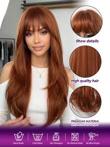Peruca castanha escura moderna de 66 cm com franja, peruca sintética longa e lisa, adequada para uso diário feminino, festas e como presente perfeito para mulheres.