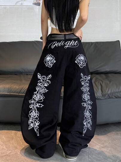 1件日系街头风拼接刺绣女式筒状牛仔裤，宽松舒适阔腿裤，百搭牛仔裤（不含腰带/配饰）