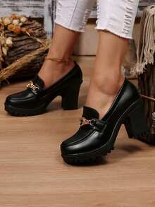 Women's Solid Color High Heel Pumps Chunky Heel Ankle Boots, Casual Black Leather Non-Slip Ankle Boots, Comfortable Ankle Boots Suitable For Daily Casual, Party And Formal Occasions - 985-1 (Black) - View 4