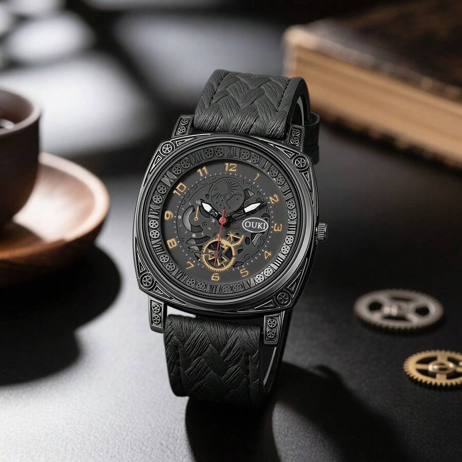 1pc Men's Fashion Business Hollow Dial Triple-Eye Vintage Style Leather Quartz Wrist Watch - Black - View 1