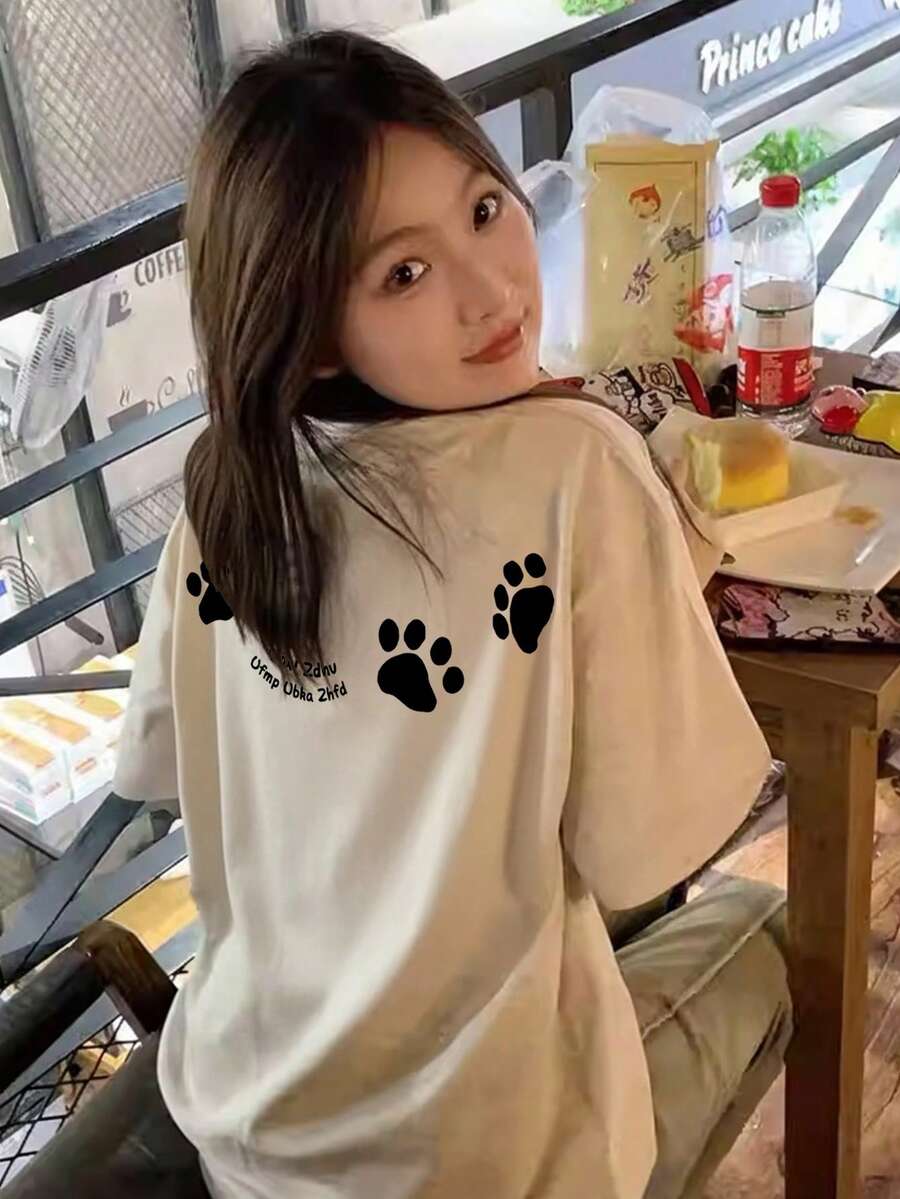 日系女式宽松圆领休闲百搭字母小狗印花短袖T恤，春夏款 - 淺花灰 - 查看 1