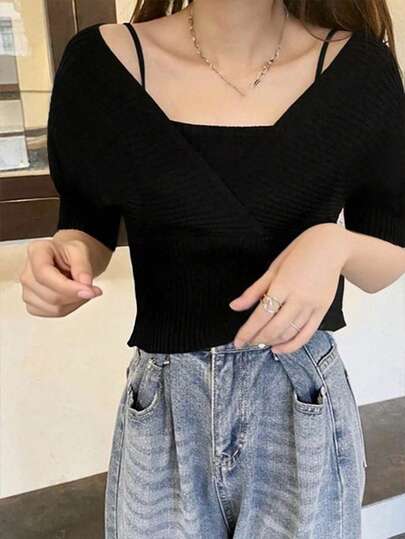 Áo hai dây không tay dáng ngắn, màu trơn, kiểu dáng ôm sát, chất liệu dệt kim, thích hợp mặc thường ngày cho nữ, mùa xuân/hè/thu.