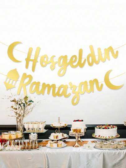 1 st guldkort "Hosgeldin Ramazan" hängande flagga, Ramadan festdekoration flagga, Eid Mubarak girlang Ramadan högtidsfest bakgrundsdekoration banderoll